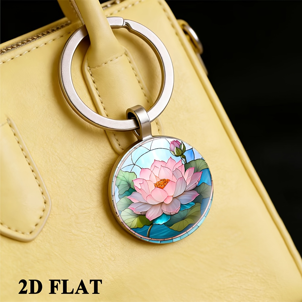 Time Stone Keychain with Pink Lotus Flower Pattern